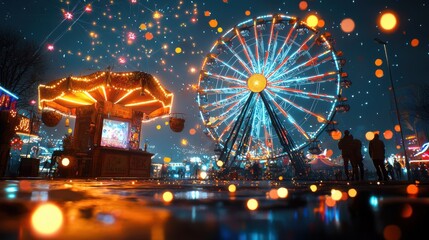 Spinning Ferris Wheel and Enchanted Fortune Teller Booth at Eerie Carnival Night - Festive and Magical Atmosphere with Bright Lights and Stars