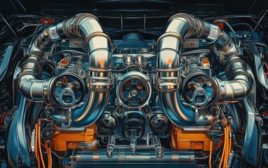 A captivating image of a high-performance engine setup featuring four turbochargers interconnected by a complex arrangement of pipes.