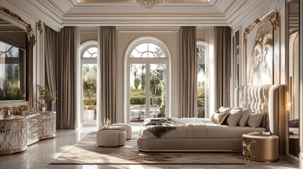 Luxury bedroom with large windows and ornate furniture.