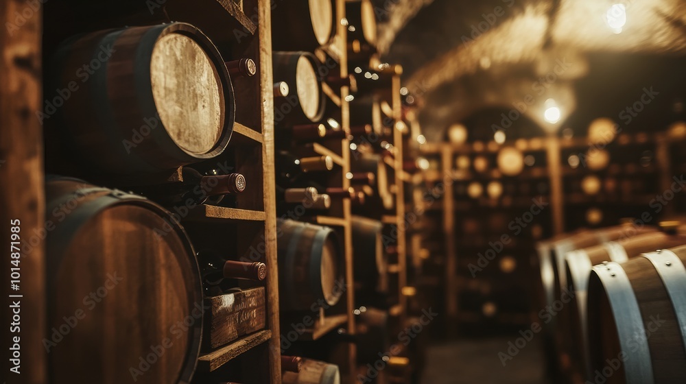 Poster a detailed view of an old-world wine cellar featuring wooden barrels and shelves filled with various