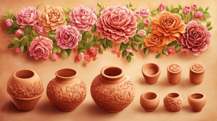Obraz premium Clay pots of different sizes with floral carvings arranged in a row on a light brown background with a floral design at the top.