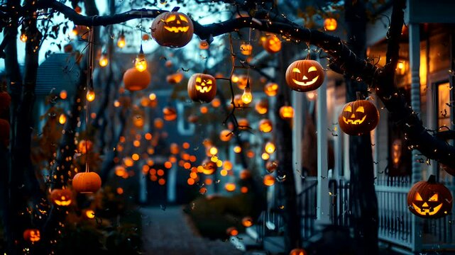 Lit jackolanterns on tree branches with string lights and bats flying around; perfect for Halloween themed backgrounds, cards, and decorations.