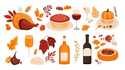 a set of cute cartoon icons for Happy Thanksgiving Day, happy turkey dinner table, pumpkin pie and wine bottle, candles, herb leaves, and abstract fall elements for a banner or poster design