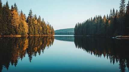 Obraz premium Serene Autumn Reflection in a Tranquil Forest Lake