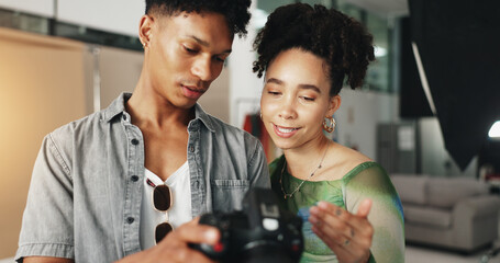 Photography, team and camera with people in studio for magazine production, backstage and wardrobe set. Artist, photoshoot and creative with man and woman for ecommerce catalog, shooting and picture