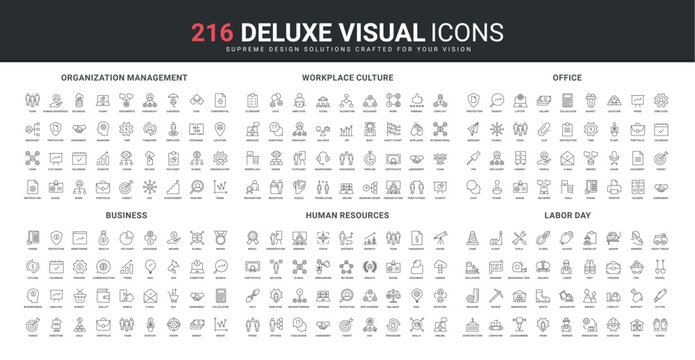 Business organization and management, office workplace culture, organizational hierarchy line icon set. Human resource, skills and vision for recruiting thin black outline symbols vector illustration
