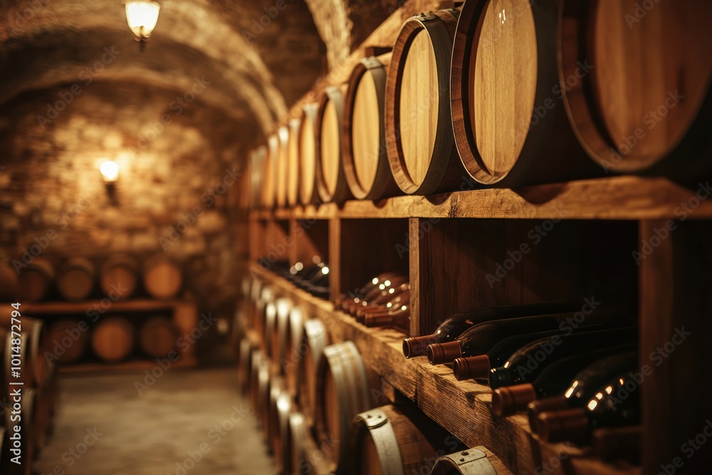 Poster a rustic wine cellar with wooden barrels and shelves filled with elegant bottles in a charming under