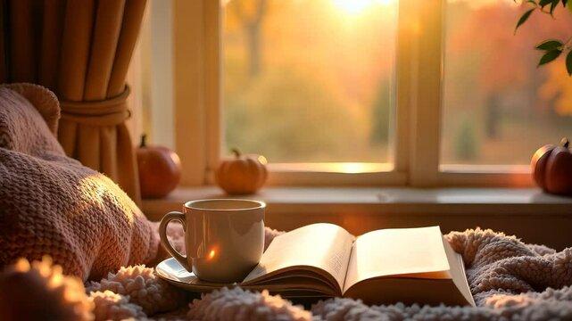 Cozy, warm atmosphere in the bed. Cup of tea or coffee, book, autumn vibes