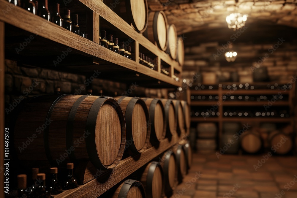 Poster Exploring a rustic wine cellar with wooden barrels and neatly arranged bottles on shelves. Generative AI