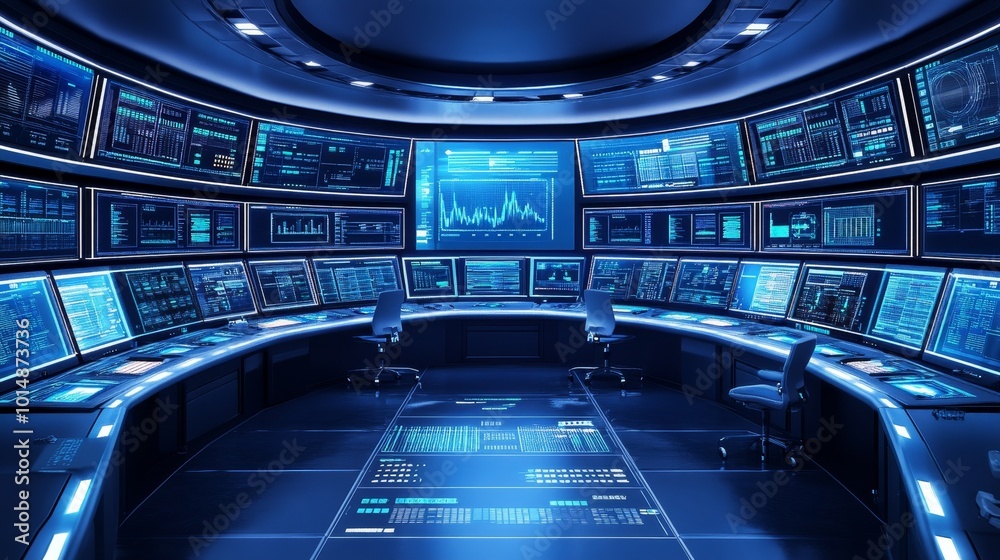 Poster a futuristic control room filled with screens displaying data and analytics, designed for monitoring