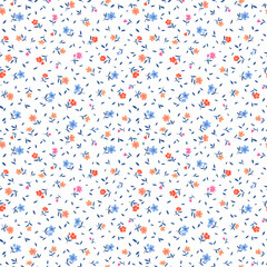 Vintage floral background. Floral pattern with small blue and coral red flowers on a white background. Seamless pattern for design and fashion prints. Ditsy style. Stock vector illustration.