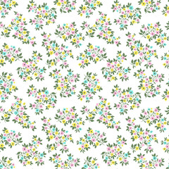 Vintage floral background. Floral pattern with small multicolor flowers on a white background. Seamless pattern for design and fashion prints. Ditsy style. Stock vector illustration.