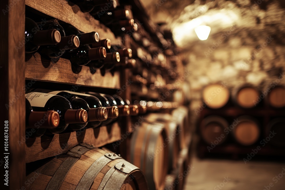Poster explore an enchanting wine cellar lined with wooden barrels and shelves overflowing with exquisite w