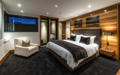 Modern bedroom with wood accents and large window.