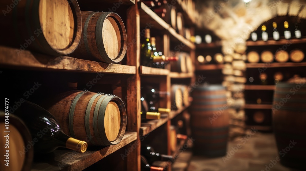 Poster a rustic wine cellar showcasing wooden barrels and neatly arranged shelves of wine bottles in a cozy