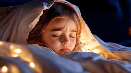 A little girl curled up in bed, crying softly into her pillow, afraid of the darkness