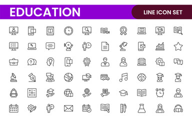 Education line icons collection. Big UI icon set in a flat design. Thin outline icons pack. Thin line icons set of academic subjects and education. Outline symbol collection.