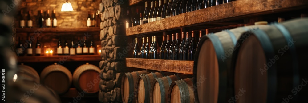 Poster explore a serene wine cellar adorned with wooden barrels and a collection of fine wine bottles on ru
