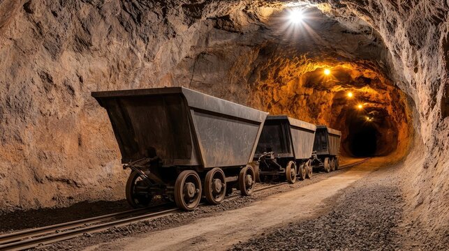A cart system inside a mining tunnel, showcasing industrial transportation in an underground setting with illuminated tracks.