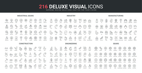 Industrial automation and engineering, manufacturing line icon set. Construction, factory metal gears of workshop, maintenance and repair service thin black outline symbols vector illustration