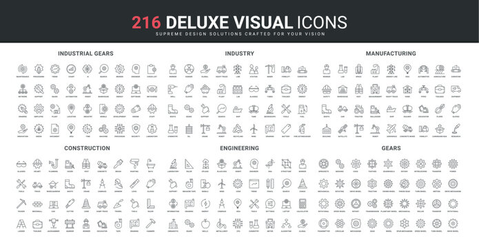 Industrial automation and engineering, manufacturing line icon set. Construction, factory metal gears of workshop, maintenance and repair service thin black outline symbols vector illustration