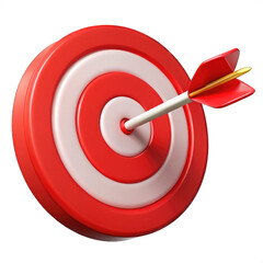 Red bullseye dart arrow hitting target center of dartboard. Concept of success, target, goal, achievement. Cartoon style 3D rendering PNG