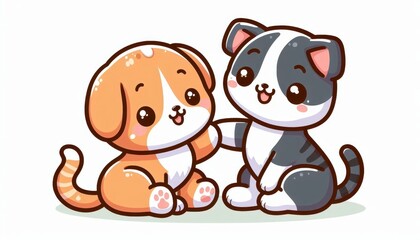 Fototapeta premium A cute illustration of a puppy and a kitten sharing a friendly moment.