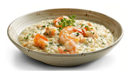 Bouillabaisse Risotto on a white backdrop, featuring creamy risotto with seafood, fresh herbs, and olive oil drizzle.