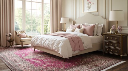 Elegant bedroom with plush bedding, ornate rug, and natural light.