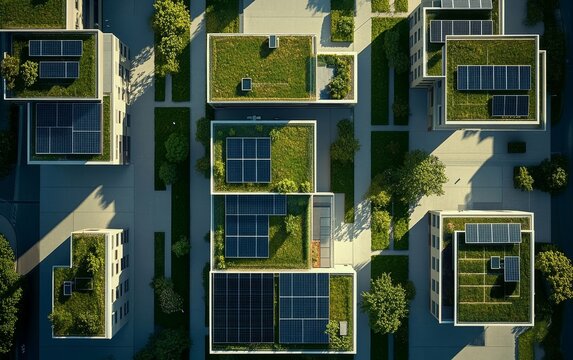 Aerial view of modern buildings with green roofs and solar panels, promoting sustainable architecture and urban living.