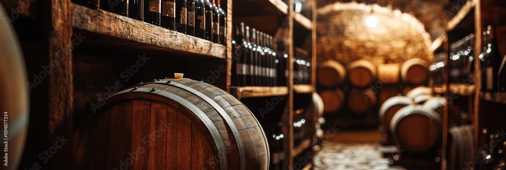 Poster explore a wine cellar filled with wooden barrels and shelves of fine wine bottles in a rustic underg