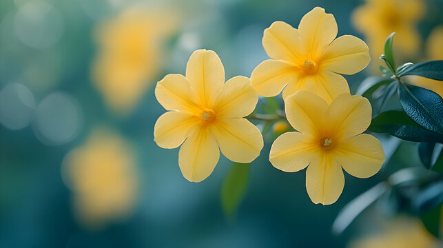 A close-up of yellow jessamine blooms a soft, blurred background