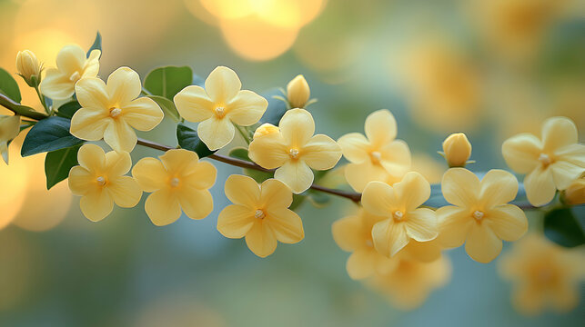 A close-up of yellow jessamine blooms a soft, blurred background
