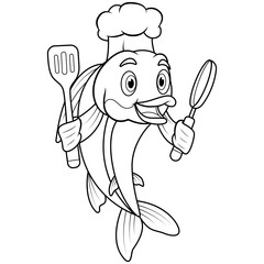 Cartoon fish chef holding a frying pan and spatula line art
