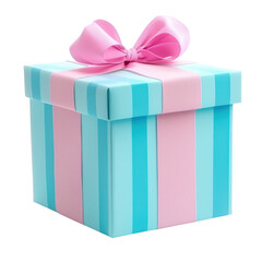 Obraz premium A beautifully wrapped gift box in blue and pink stripes with a large pink bow, perfect for celebrations or special occasions isolated on transparent background.