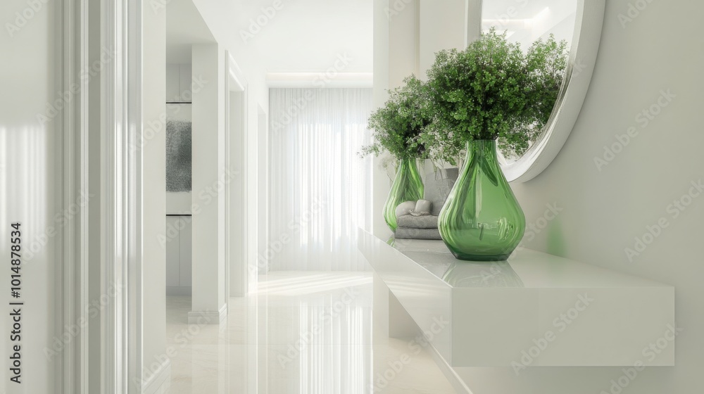 Poster The hallway features a sleek white design with large windows letting in natural light. On a stylish console table, green vases filled with fresh flowers add a pop of color to the minimalist space.