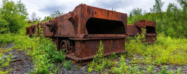 An old abandoned mining site with rusted machinery and overgrown vegetation, symbolizing the remnants of past mining operations