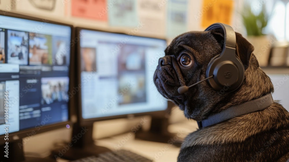 Aufkleber A pug with large expressive eyes wears a headset while focused on a pair of computer monitors in a warm, inviting office. The playful atmosphere reflects a blend of work and pet companionship.