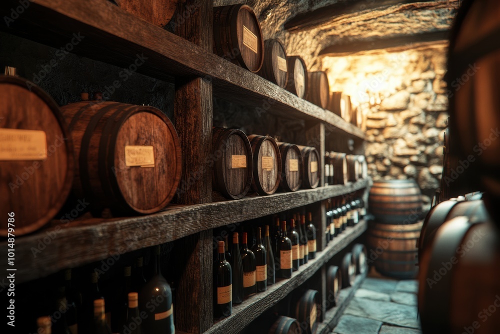 Poster A rustic wine cellar showcasing wooden barrels and neatly arranged wine bottles in a serene underground setting. Generative AI