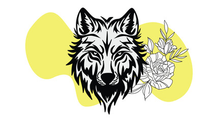 Fototapeta premium A monochrome wolf head is paired with blooming flowers against a bold, yellow abstract background, creating a striking contrast of nature and art elements.