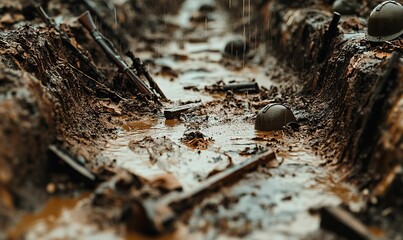 Muddy trench with rain and a helmet.