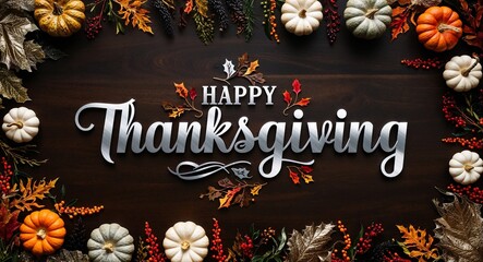 Silver and black theme happy thanksgiving lettering on holidays celebration concept background