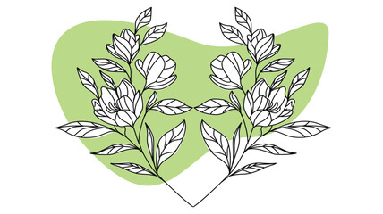 This image features an elegant symmetrical floral design, showcasing blooming flowers and leaves on a contrasting green background, ideal for decorative use.