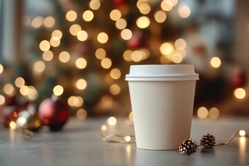 Paper cups with Christmas decoration and copy space for your design. xmas mockup. ai generated