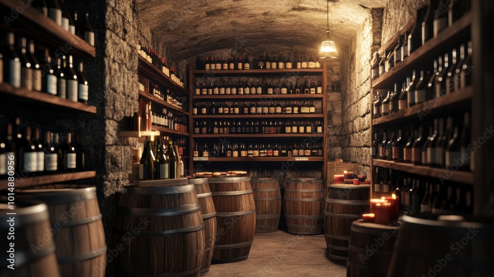 Poster explore a spacious wine cellar filled with aged barrels and shelves of curated wine bottles under so