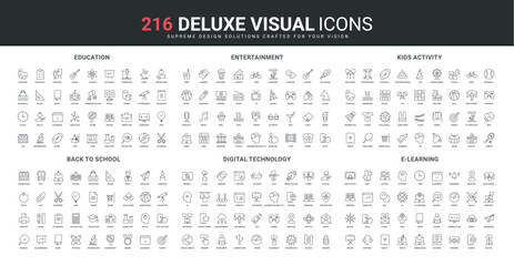 Digital smart technology, school education and online lessons, elearning, kids activity line icon set. City entertainment and mobile games apps thin black outline symbols vector illustration