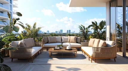 Obraz premium Inviting rooftop terrace featuring a stylish sofa set and natural light, with a scenic view of Miami