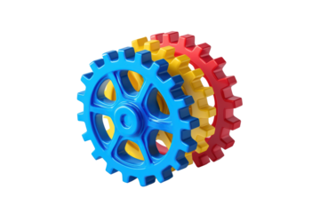 Colorful plastic gears stacked together, isolated on transparent background, representing creativity and engineering.