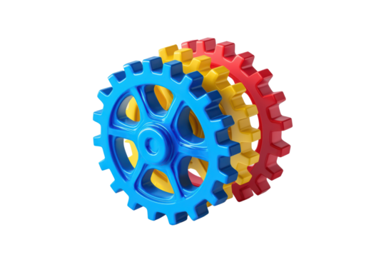 Colorful plastic gears stacked together, isolated on transparent background, representing creativity and engineering. - Powered by Adobe