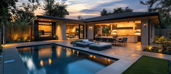 Modern home with swimming pool and outdoor kitchen at dusk.
